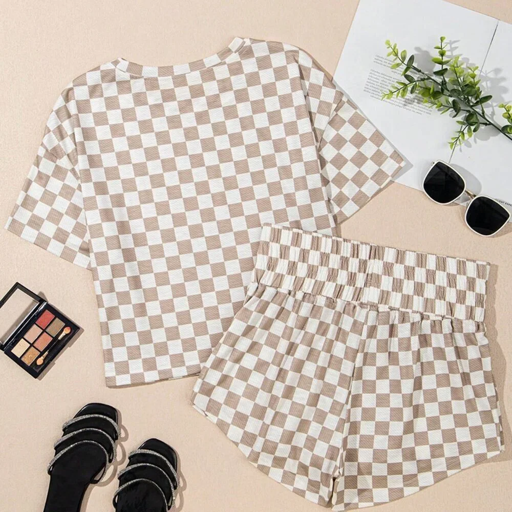 Casual Multicolor Women's Checkered T-Shirt & High Waist Skirt